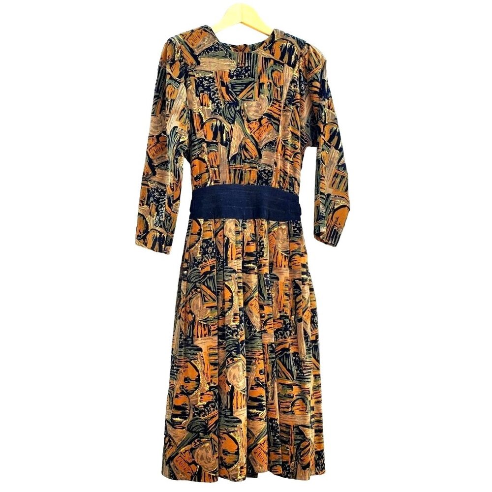 80s Vintage Winter Dress Hand Painted Velvet Long Sleeves